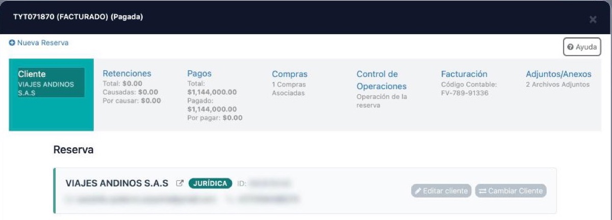 Reserva facturada y pagada, con su código contable, pagos, retenciones y compras asociadas